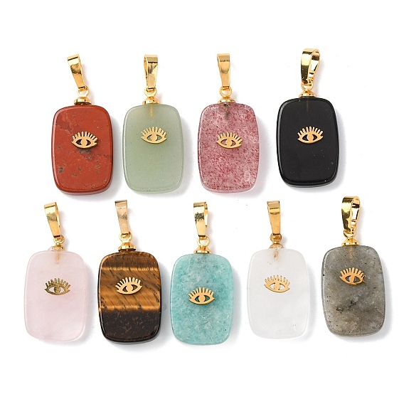 Драгоценный камень подвески, с латунной фурнитурой и 304 кабошонами из нержавеющей стали, золотые, прямоугольник с подвесками в виде глаз