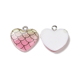 Opaque Resin Pendants, with Glitter Powder and Platinum Tone Iron Loops, Heart Charm with Scales Pattern