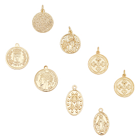 CHGCRAFT 8Pcs 4 Style Brass Pendants, Flat Round with Cross & Angel & human & Oval with Virgin Mary