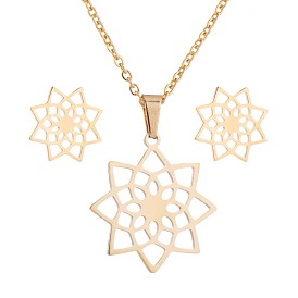 Stainless Steel Lotus Flower 18K Necklace Earrings Set - Elegant European Style Jewelry Trio