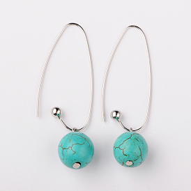 Howlite sintética aretes de cuentas redondas teñidos, con el platino plateado bronce ganchos pendiente, el cielo azul, 51 mm, pin: 0.5 mm
