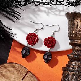 304 Stainless Steel Dangle Earrings, with Synthetic Coral Flower and Synthetic Turquoise, Skull, Red