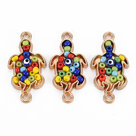 Alloy Enamel Links Connectors, with Glass Seed Beads, Light Gold, Tortoise