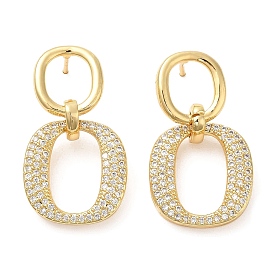 Rack Plating Brass Double Oval Dangle Stud Earrings with Cubic Zirconia, Lead Free & Cadmium Free