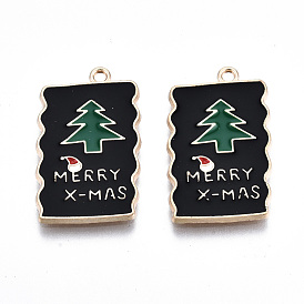 Eco-Friendly Alloy Enamel Pendants, Cadmium Free & Lead Free & Nickel Free, Rectangle with Tree & Word Merry Christmas, Light Gold