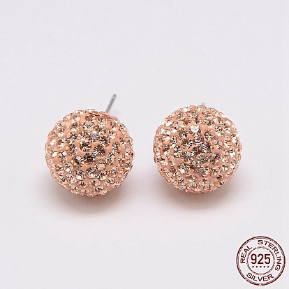 925 Sterling Silver Austrian Crystal Rhinestone Ear Studs, with Ear Nuts, Round, 12mm, Pin: 0.8mm