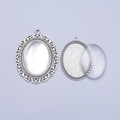 DIY Pendant Making, Tibetan Style Alloy Pendant Cabochon Settings and Oval Transparent Clear Glass Cabochons