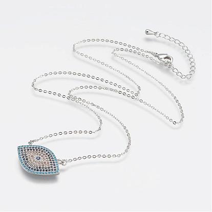 Brass Micro Pave Cubic Zirconia Pendant Necklaces, with Brass Cable Chains, Eye