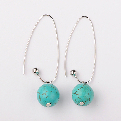 Howlite sintética aretes de cuentas redondas teñidos, con el platino plateado bronce ganchos pendiente, el cielo azul, 51 mm, pin: 0.5 mm