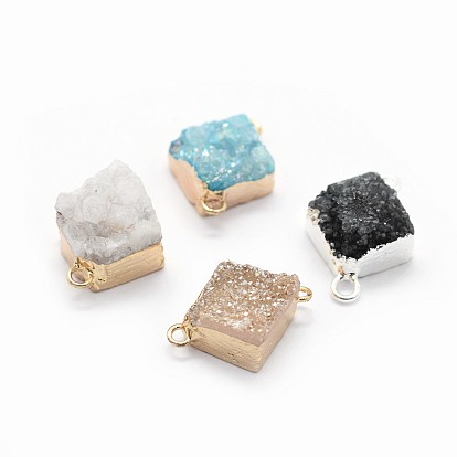 Natural Druzy Quartz Links Connectors, with Brass Findings, Square