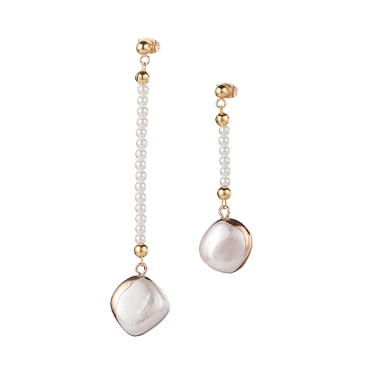 Shell Pearl Stud Earrings, Long Beads Chain Drop Asymmetrical Earrings for Women, Golden