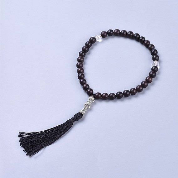 Religion Allah Bracelets, with Sandalwood, Natural Quartz Crystal Beads, Polyester Tassel Decorations, Alloy Findings, Burlap Packing Pouches
