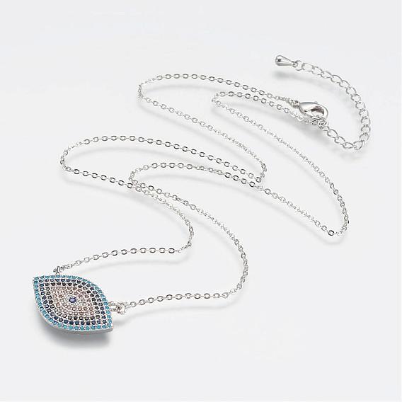 Brass Micro Pave Cubic Zirconia Pendant Necklaces, with Brass Cable Chains, Eye