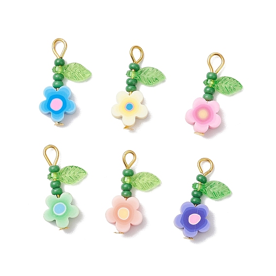 Подвески из полимерной глины с цветочным принтом ручной работы, со стеклянными бусинами, окрашенными в цвет выпечки, и прозрачными акриловыми подвесками