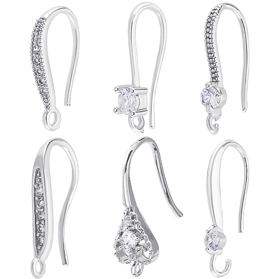 24 шт. 6 стили латунные микро-паве прозрачные кубические цирконии крючки для сережек, с горизонтальной петлей, без никеля 