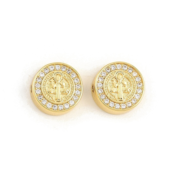 Brass Micro Pave Clear Cubic Zirconia Beads, Flat Round with St. Benedict, Rack Plating, Long-Lasting Plated, Lead Free & Cadmium Free