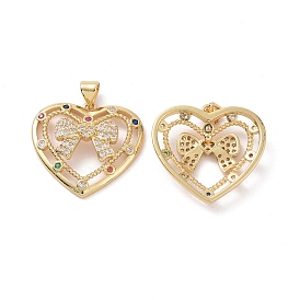 Brass Cubic Zirconia Pendants, Heart with Bowknot Charm