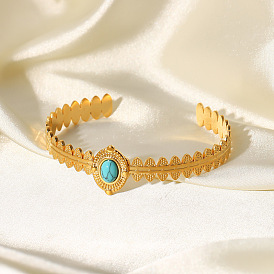18k Gold Plated Crown Shape Green Turquoise Open Bangle Bracelet for Women - Fashionable and Versatile Jewelry Accessory