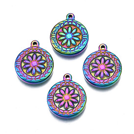 Ion Plating(IP) 304 Stainless Steel Pendants, Cadmium Free & Nickel Free & Lead Free, Flat Round with Flower