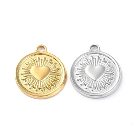 304 Stainless Steel Pendants, Flat Round with Heart Charm