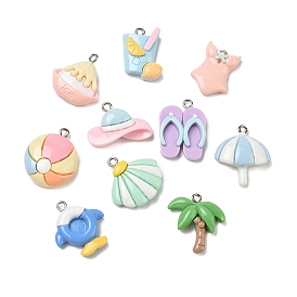 Summer Beach Opaque Resin Pendants, Mixed Shapes Charm, with Platinum Iron Loops