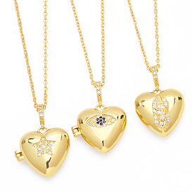 Retro Heart Pendant Necklace with Openable Butterfly Photo Box and Devil's Eye Collarbone Chain