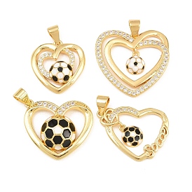 Brass Micro Pave Clear Cubic Zirconia Pendants, with Black Enamel, Heart with Football Charms, Rack Plating, Long-Lasting Plated, Lead Free & Cadmium Free