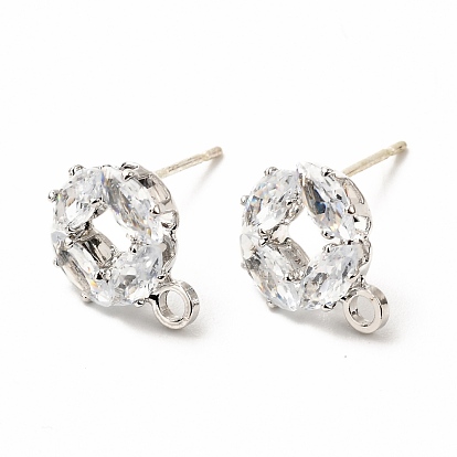 Brass Micro Pave Clear Cubic Zirconia Stud Earring Findings, with Loop, Flat Round