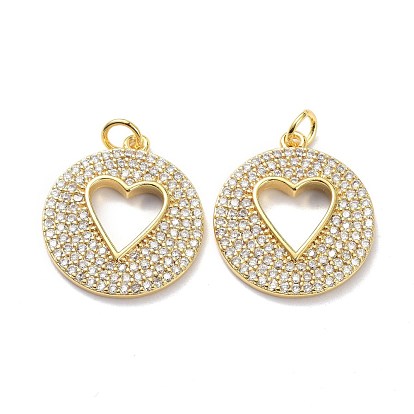 Brass Micro Pave Clear Cubic Zirconia Pendants, with Jump Ring, Long-Lasting Plated, Flat Round with Heart