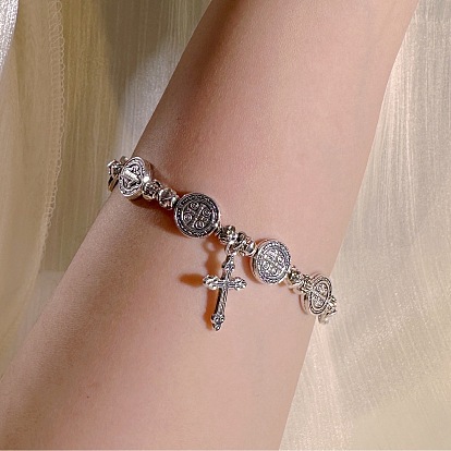 Сплав шарм браслеты, эластичные браслеты из бусин для женщин и мужчин, Плоский круглый узор со святым Бенедиктом и крестом.