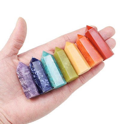 Point Tower Chakra Natural Gemstone Healing Stone Wands Set, Reiki Stones Statues for Energy Balancing Meditation Therapy, Hexagonal Prisms