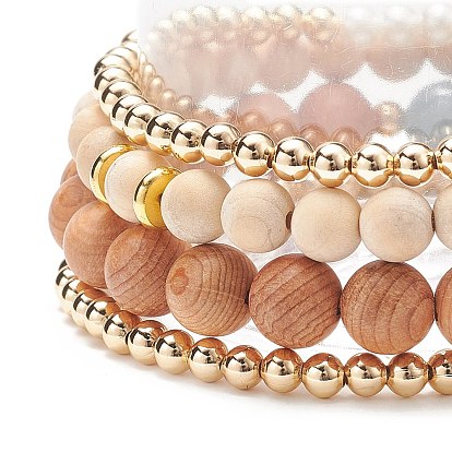 4Pcs 4 Style Natural Wood & Quartz(Dyed) & Shell Pearl Stretch Bracelets, 304 Stainless Steel Yoga Symbol Charm Stackable Bracelets for Women