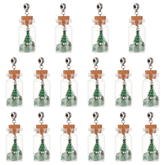 16 шт. натуральный зеленый авантюрин бисер бутылка желаний европейские подвески с большим отверстием, амулеты бутылка, с елочкой сплав горный хрусталь эмали подвески, античное серебро