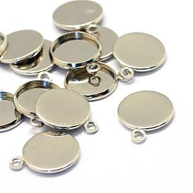 Iron Pendant Cabochon Settings, Plain Edge Bezel Cups, Flat Round, Tray: 12mm, 14x2mm, Hole: 2mm