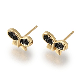 Rack Plating Brass Micro Pave Cubic Zirconia Stud Earring, Long-Lasting Plated, Cadmium Free & Lead Free, Butterfly, Black
