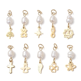 Натуральный культивированный пресноводный жемчужный рис с 304 подвесками из нержавеющей стали, подвески-кресты с ангелом и медвежьими крыльями, белые, золотые
