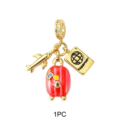 1 Breloques pendantes européennes en laiton avec micro pavé de zircones cubiques transparentes sur le thème du voyage, Pendentifs à gros trous pour bagages, avion et passeport en émail rose vif, sans cadmium et sans plomb, plaqué longue durée