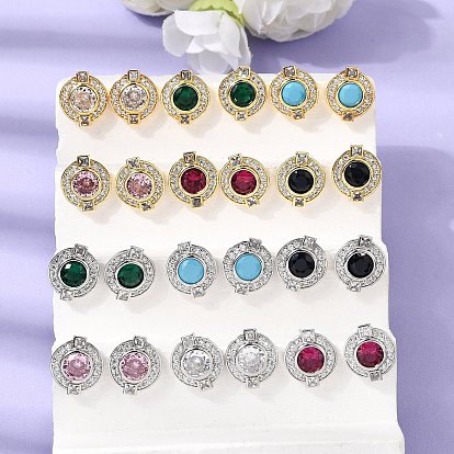 Brass Micro Pave Cubic Zirconia Stud Earrings, Round, Rack Plating, Long-Lasting Plated, Cadmium Free & Lead Free, Real 18K Gold Plated/Platinum