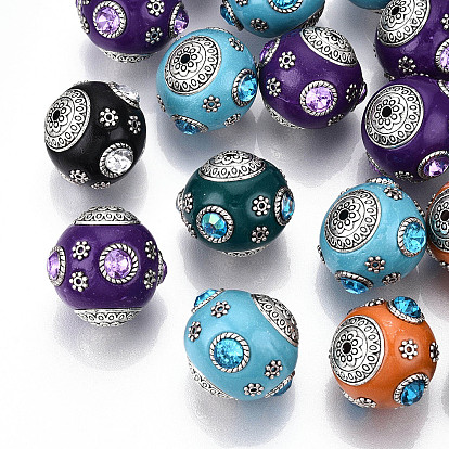 Handmade Indonesia Round Beads, with Glass Cabochons and Antique Silver Metal Color Double Alloy Cores