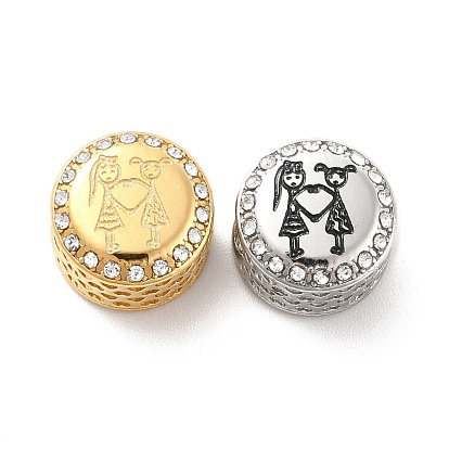 304 Stainless Steel European Beads, with Enamel & Rhinestone, Large Hole Beads, Flat Round with Human