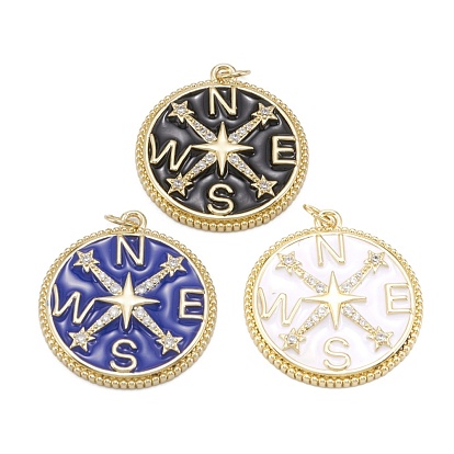 Brass Clear Cubic Zirconia Enamel Pendants, with Jump Ring, Long-Lasting Plated, Lead Free & Cadmium Free, Flat Round with Star 
and Letter Pattern, Real 18K Gold Plated
