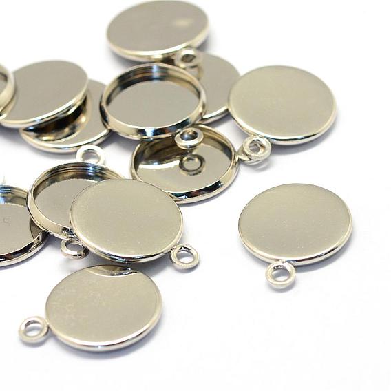 Iron Pendant Cabochon Settings, Plain Edge Bezel Cups, Flat Round, Tray: 12mm, 14x2mm, Hole: 2mm