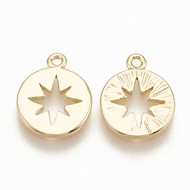 Brass Charms, Flat Round with Star, Nickel Free, Real 18K Gold Plated