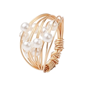 Copper Wire Wrapped Finger Rings, Round ABS Imitaiton Pearl Rings for Women
