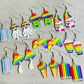 Earrings Rainbow Game Console Mushroom Elf Summer Drink Color Pen Acrylic Fun Earrings