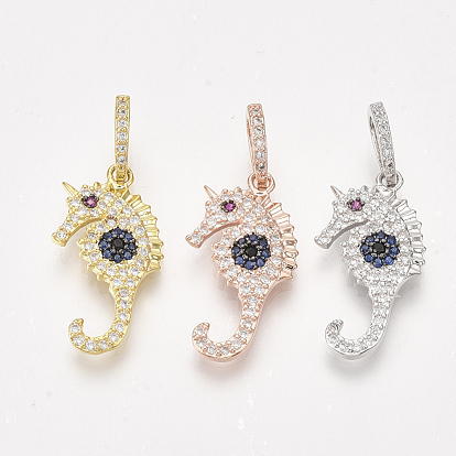 Brass Micro Pave Cubic Zirconia Pendants, Cadmium Free & Lead Free, Sea Horse