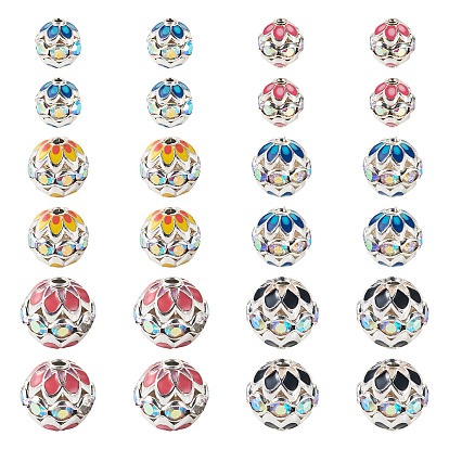24 шт. 3 стили круглые латунные бусины со стразами, с эмалью