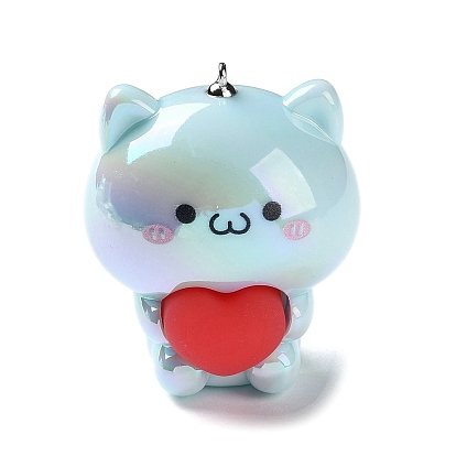 Acrylic Pendants, Cat Shape with Silicone Heart Charms, with Iron Loops