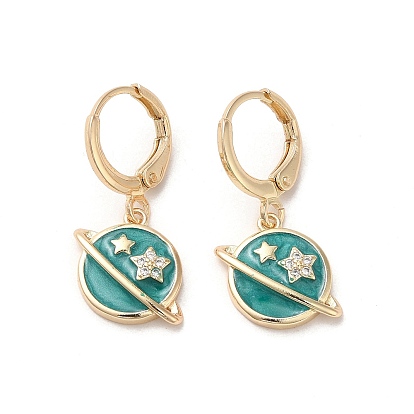 Planet Real 18K Gold Plated Brass Dangle Leverback Earrings, with Enamel and Cubic Zirconia