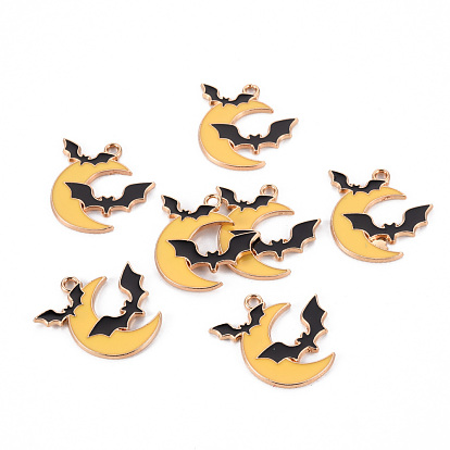 Eco-Friendly Alloy Enamel Pendants, Cadmium Free & Lead Free & Nickel Free, Light Gold, Halloween, Moon with Bat